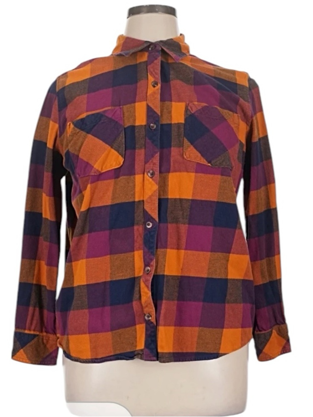 Natural Reflections Orange Purple Navy Plaid Button-Down Shirt